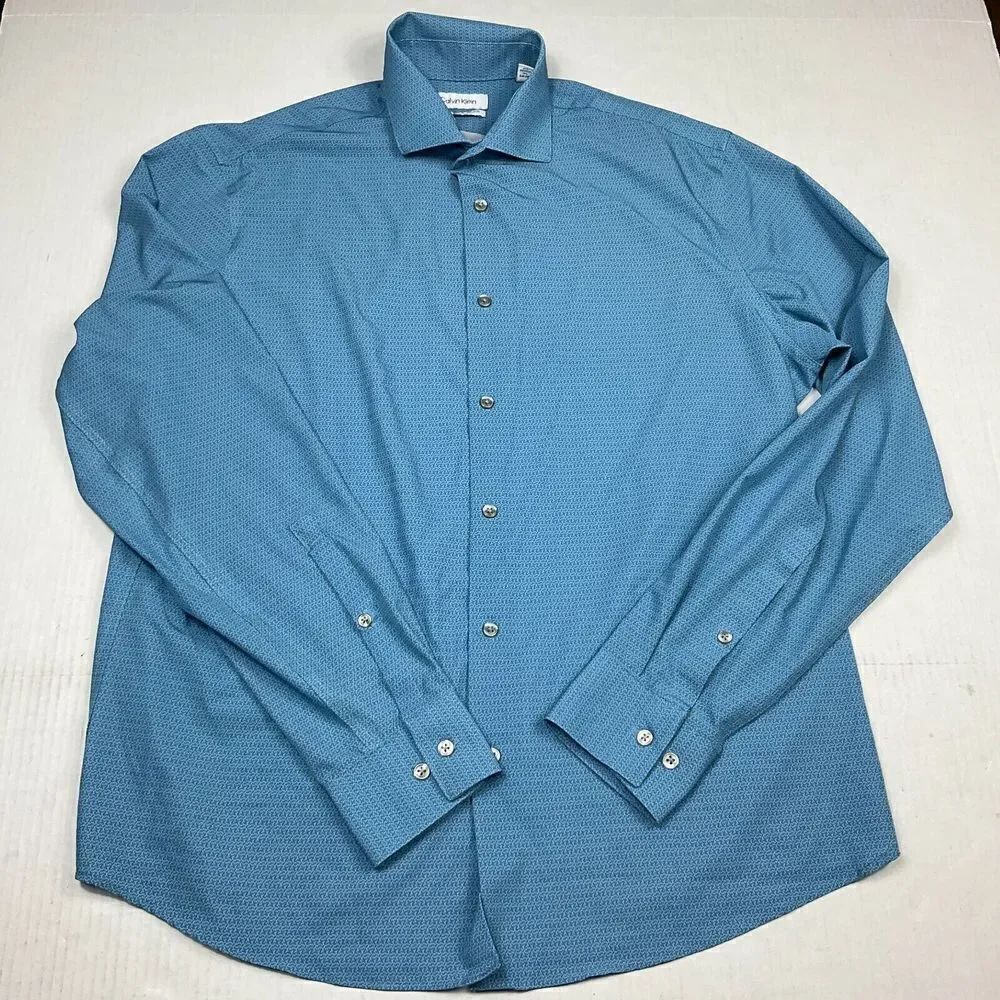 Calvin Klein Mens 4-Way Stretch Button Shirt Blue Long Sleeve Dress Top Medium